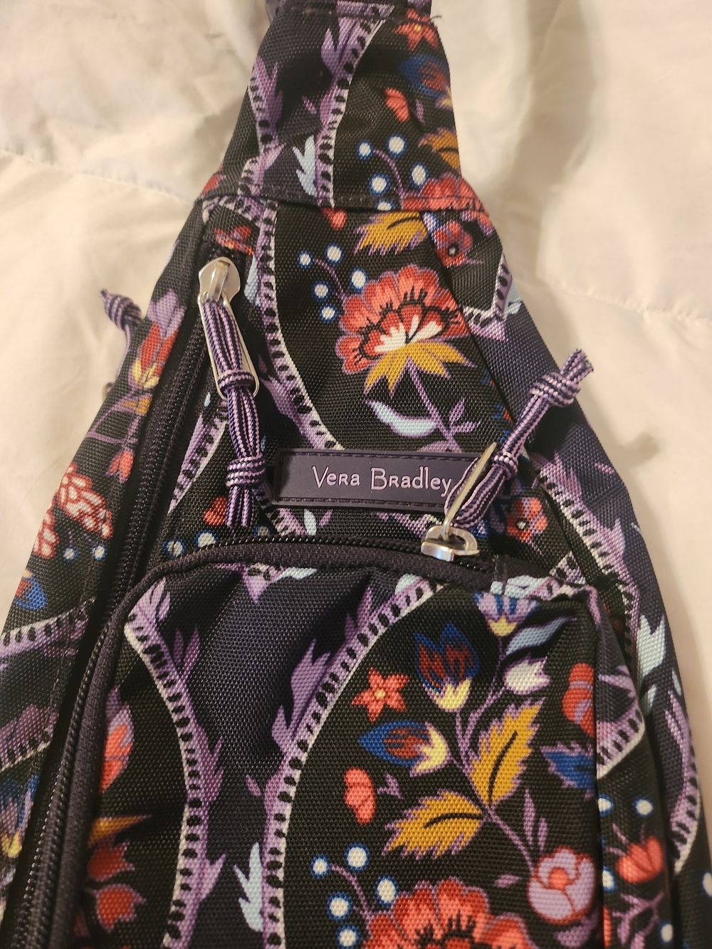 Vera Bradley Black Sling Bag with Purple Floral Print